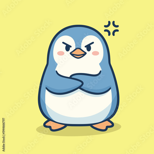 Vector illustration of cute cartoon penguin with an angry expression on a bright yellow background looking annoyed or frustrated