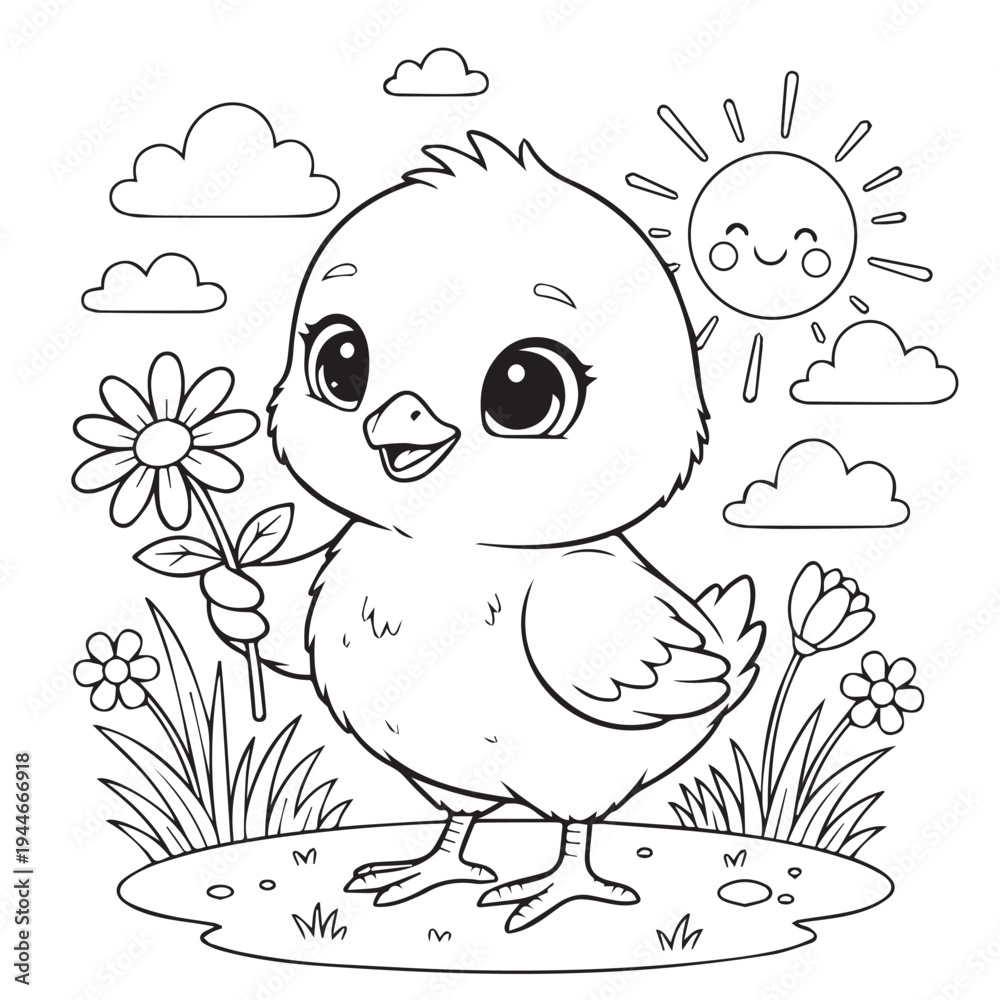 Fototapeta premium activity, baby chick, basket, black and white, bold lines, bunny, cartoon, chick, children, classroom, clipart, coloring book, coloring page, craft, cute, cute animals, doodle, easter, easter bunny, e