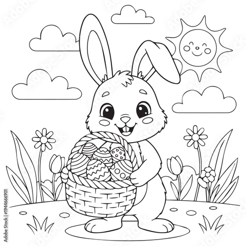 activity, baby chick, basket, black and white, bold lines, bunny, cartoon, chick, children, classroom, clipart, coloring book, coloring page, craft, cute, cute animals, doodle, easter, easter bunny, e