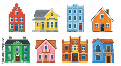 Colorful row houses and detached homes in a cartoon style
