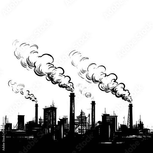 Industrial cityscape with heavy smoke emissions from factory chimneys