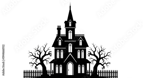 Elegant gothic mansion with spires and barren trees in silhouette