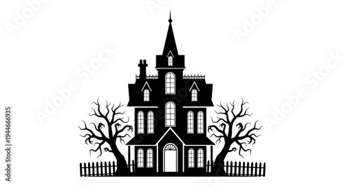 Elegant gothic-style mansion with a pointed tower and bare trees in front