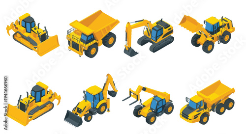 Isometric illustration of various yellow construction vehicles and machinery