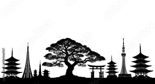 Silhouette of a large tree surrounded by smaller pine trees in a forest setting