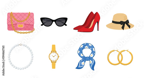 Fashion accessories collection handbag sunglasses shoes and jewelry items