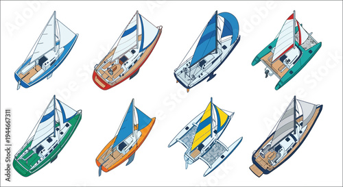Collection of colorful sailboats and catamarans in an isometric view