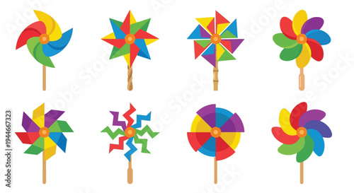 Colorful pinwheels arranged in a grid displaying various color combinations
