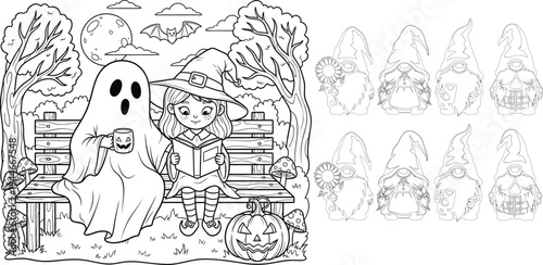 Halloween scene with ghost and child in spooky setting