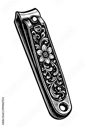 Vintage Style Nail Clipper with Floral Engraving - Decorative Personal Care Manicure Tool Vector Illustration for Beauty and Hygiene Design