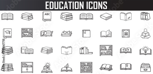 education and library book icon set, minimal outline academic symbols