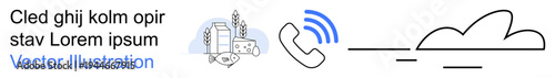 Cloud storage, telecommunication, data transfer, agriculture, digital systems, network. Phone icon with server and wheat illustration. Telecommunication and cloud storage concept