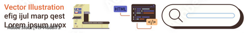Web development, coding practices, user interface design, search bar functionality, programming concepts, online tools. Computer components, coding interface and search bar image. Web development