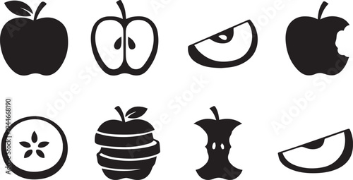 Apple Fruit Silhouette Icon Set Whole Cut Slice Core Vector