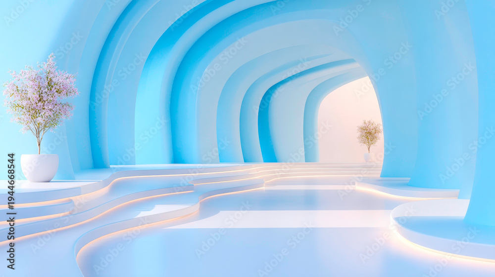 Fototapeta premium Minimalist Architectural Design with Smooth Flowing Curves and Serene Blue White Light