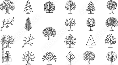 Tree Icon Set Line Art Collection with Oak Pine Abstract and Decorative Trees Nature Forest Symbol Illustration Pack