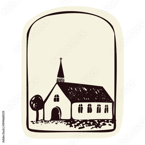 Little village church on pilgrims path vector image. Stylised simple hand drawn black and white faith based christian sanctuary retreat. Isolated on white for religious motif.