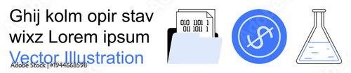 Data storage, financial management, science research, business processes, digital files, organization systems. Folder with binary data, dollar being protected flask lab equipment. Data storage