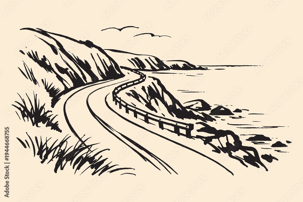 Naklejka premium Coastal road cliff landscape ink sketch vector illustration