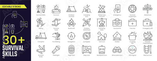 Survival Skills Stroke icon collections. Containing Equipment, Adventure Icons, Hiking Icons, Survival Tools, Bushcraft Icons, Outdoor Adventure, and First Aid icons. Editable Stroke icon collections