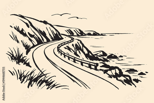 Coastal road cliff landscape ink sketch vector illustration