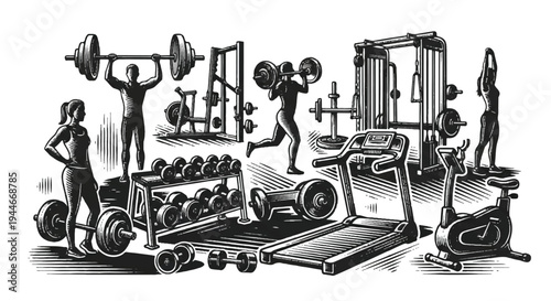 Gym equipment and silhouettes for fitness and exercise