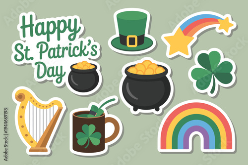 St Patrick's Day Celebration with Green Hat, Gold Coins, and Rainbows