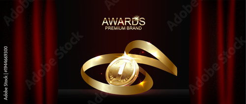 Gold medal with laurel wreath. Isolated vector illustration. Gold ribbon with golden stripes.