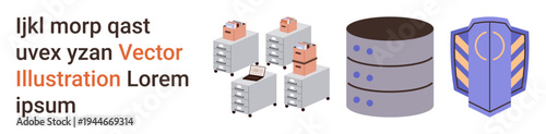 Data storage, cloud computing, cybersecurity, server management, digital security, information protection. Illustration of servers, database icons shield symbol. Cybersecurity and data storage
