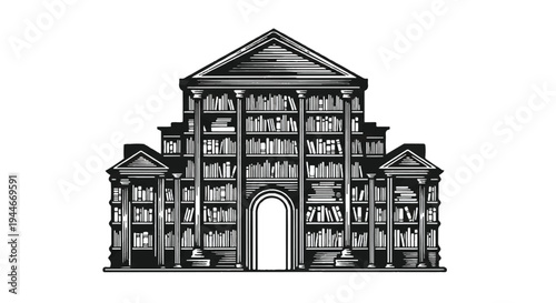 Architectural illustration of a classical building with bookshelves