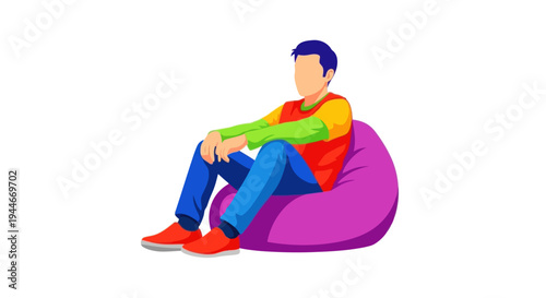 Man Sitting on a Beanbag Chair, Relaxing, Casual Style