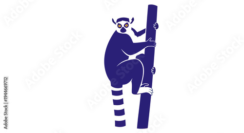 Ring-tailed Lemur Climbing Bamboo Tree, Minimalist Blue Silhouette, Isolated on White