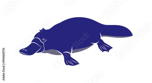 Silhouette of a blue platypus swimming, isolated on white background.