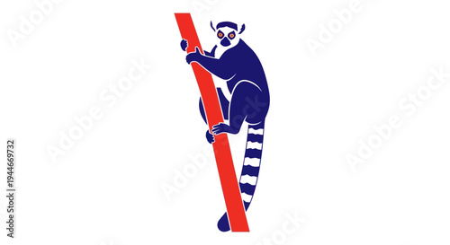 Ring-tailed Lemur Climbing Red Branch, Stylized Illustration