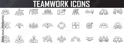 teamwork and business collaboration icon set, minimal outline partnership symbols