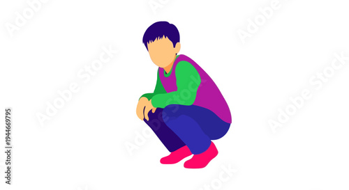 Boy Crouching Down, Minimalist Illustration, Isolated on White Background