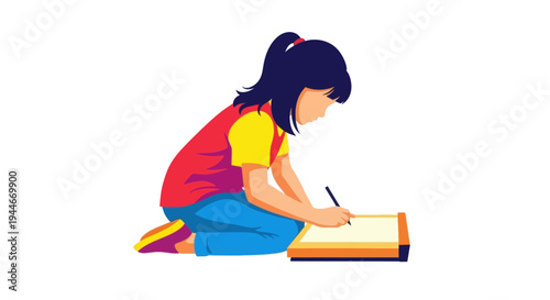 Girl drawing and writing on paper, creative child, focused on homework
