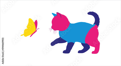 Colorful Cat Chasing a Yellow Butterfly on White Background