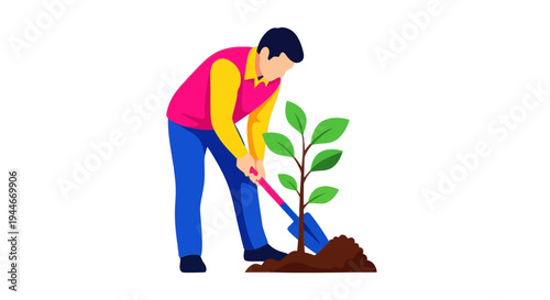Gardener planting a tree, illustration, flat design, environmental concept, white background