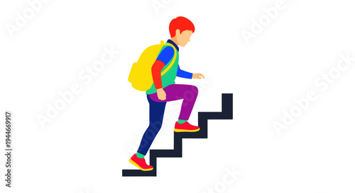 Child with backpack climbing stairs, symbolizing education, growth, and progress