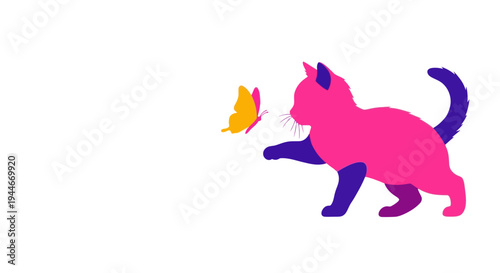 Playful Kitten Chasing Butterfly - Pink and Purple Silhouette