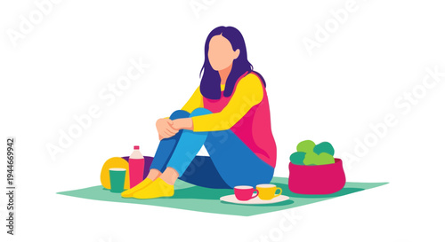 Woman Enjoying Picnic Outdoors with Food and Drinks
