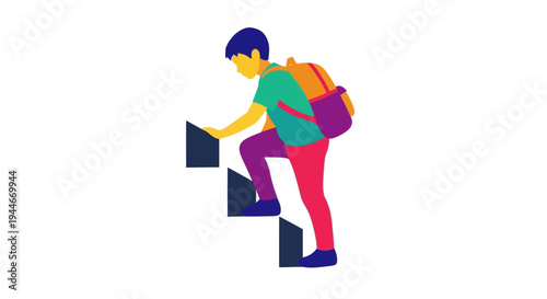 Boy with Backpack Climbing Stairs, Vector Illustration of Progress and Ambition