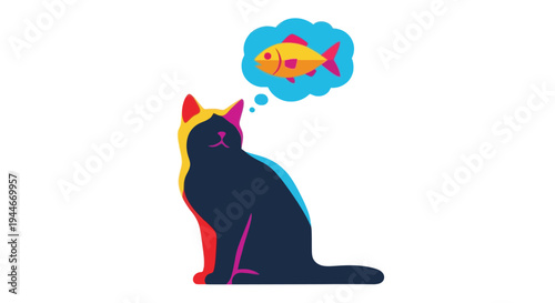 Colorful Cat Dreaming of Fish