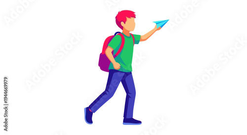 Boy with backpack launching paper airplane, symbolizing travel and imagination