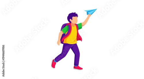 Boy launching paper airplane, dreaming of adventure, childhood, imagination, freedom, travel