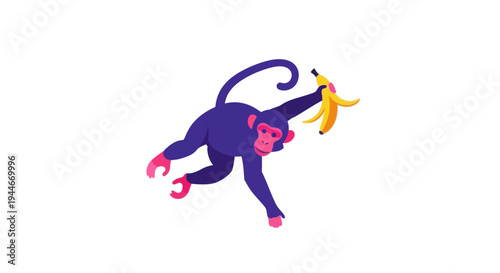 Funny purple monkey swinging with a banana on white background