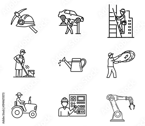 Line art icons depicting various industrial professions and labor activities.