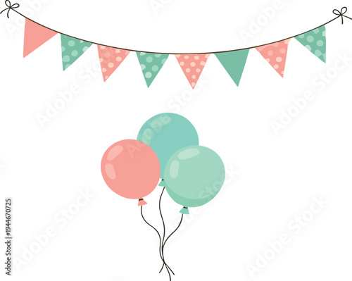 Cute party decoration set with pastel bunting flags and a bunch of balloons isolated on white background vector illustration