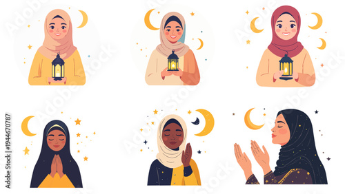 Muslim Women Praying and Holding Lanterns for Ramadan Night